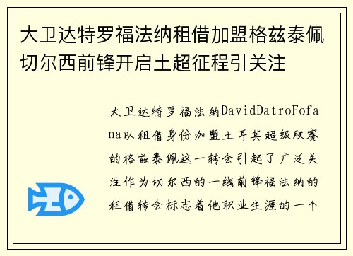 大卫达特罗福法纳租借加盟格兹泰佩切尔西前锋开启土超征程引关注